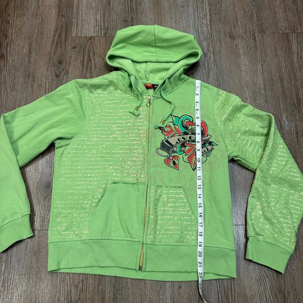 Y2K Cyber Grunge Lime Green Zip Up Ed Hardy Style Love Sick Size - Picture 4 of 6